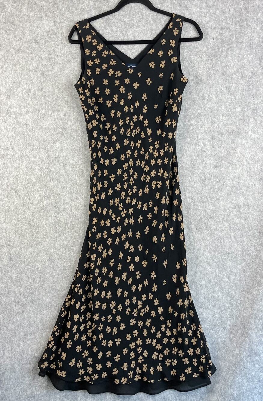 Vintage Y2K Ann Taylor Silk Dress Womens 12P Black Floral Midi Fairy Whimsigoth